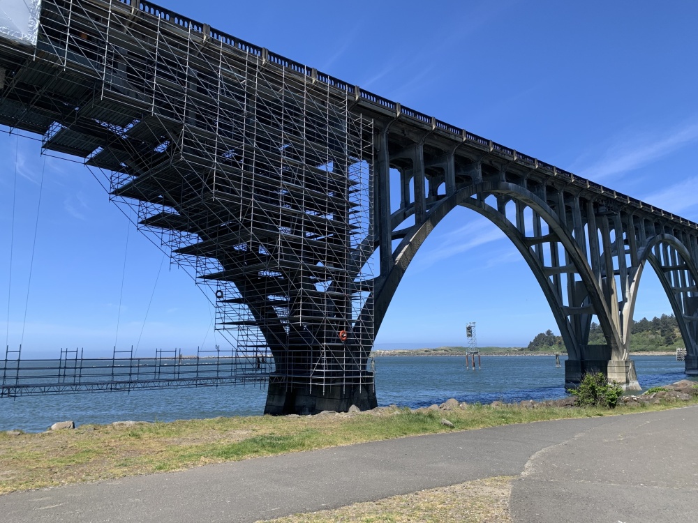 Yaquina Bay Bridge Rehabilitation Scaffold being erected with walk bridge below