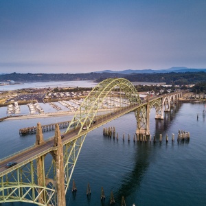 Beautiful Yaquina Bay Bridge in Newport, OR, designed by architect Conde B. McCollough, Stands proudly across the Pacific Ocean.